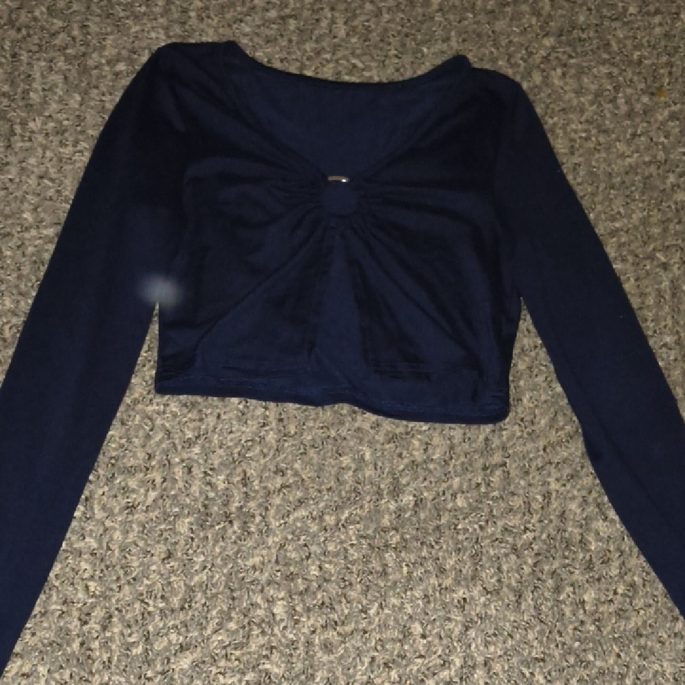 Blue Ruched Open Front Crop Blouse